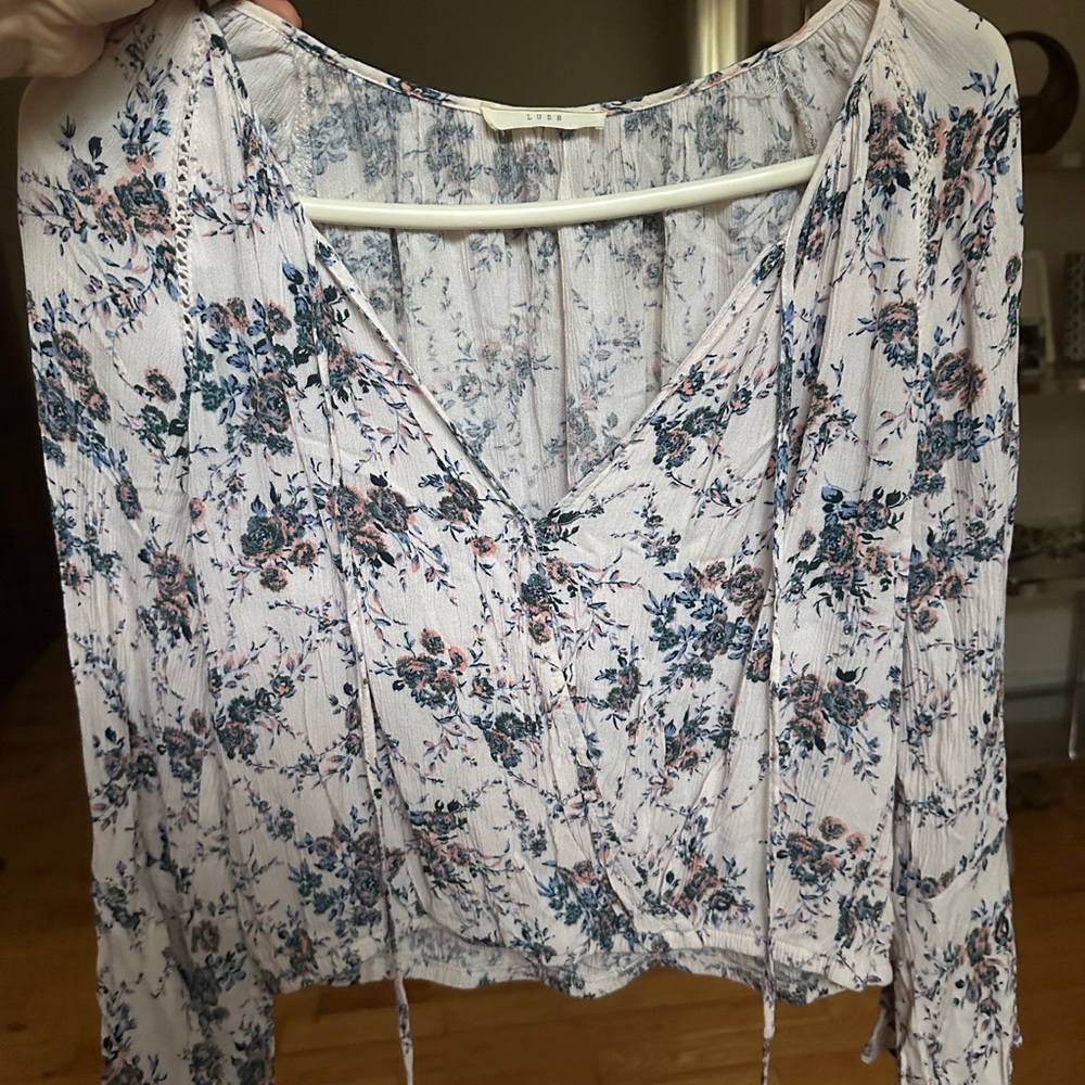 Cropped Wrap Tie Front Long Sleeve Blouse